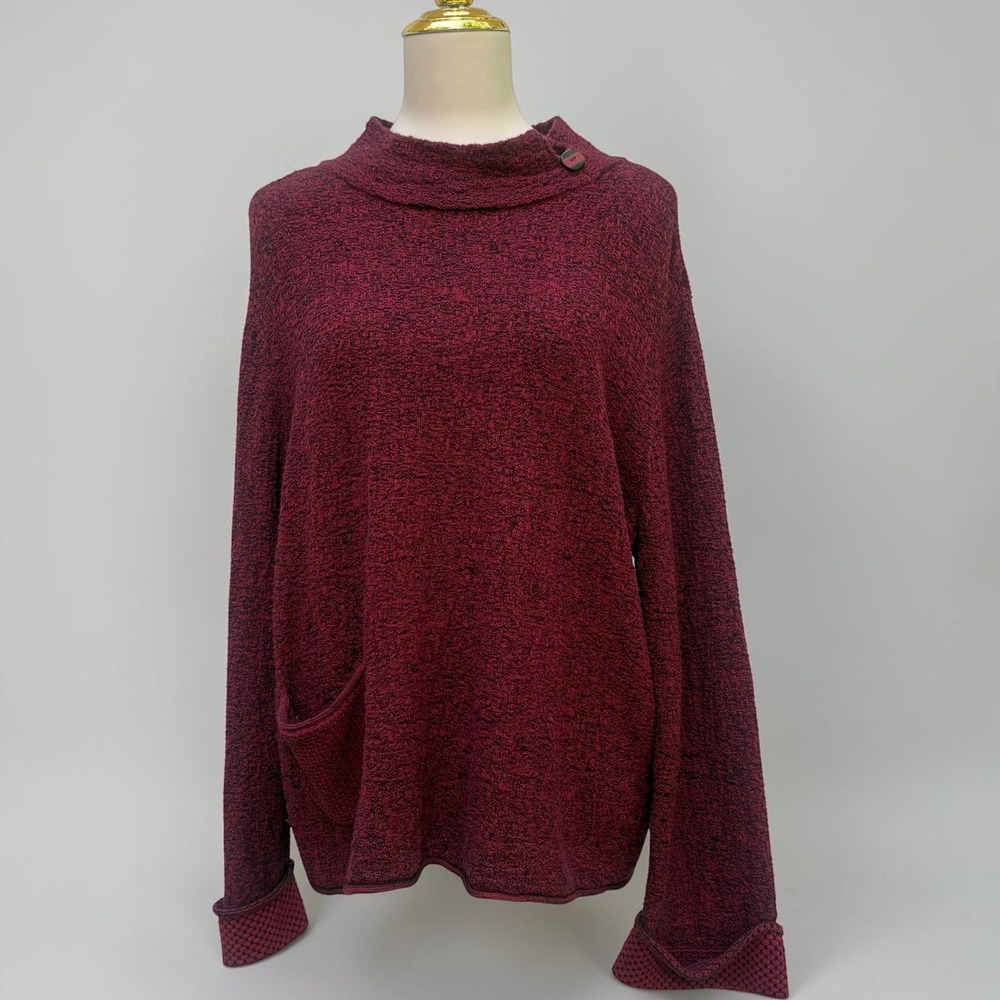 Habitat Funnel Neck Cotton Sweater L Burgundy Chunky Knit Lagenlook Artsy Cozy
